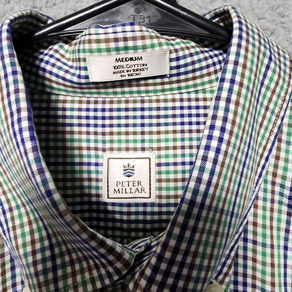 Peter Millar‎ Dress Shirt Blue Brown Green Plaid Button Front Embroidered Medium - Picture 3 of 7
